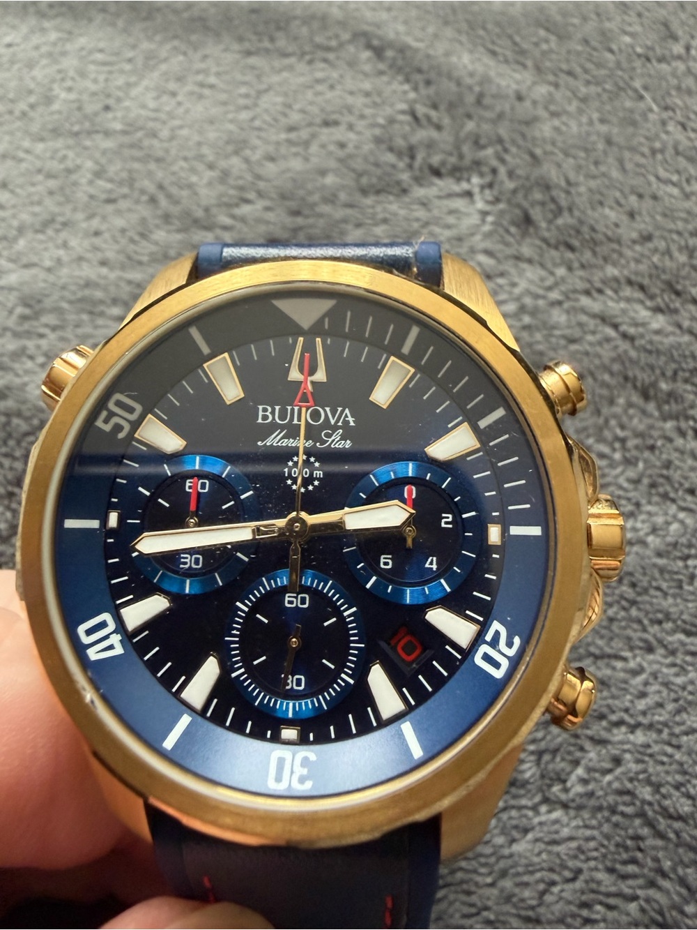 Bulova Marine Star Men’s Quartz Chronograph Gate 100m Blue Dial Gold Finish - Picture 2 of 12